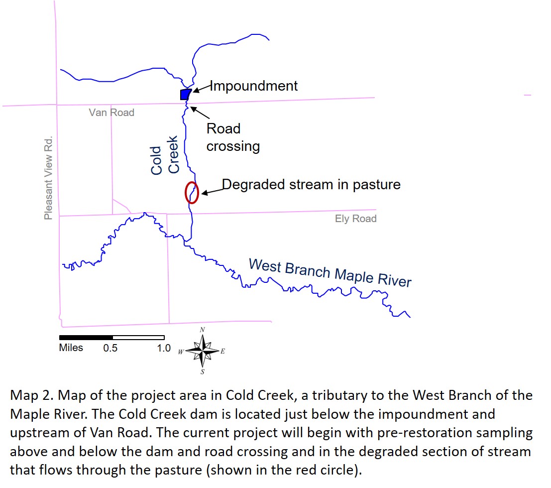 A map of Cold Creek showing the dam location and degraded pasture location