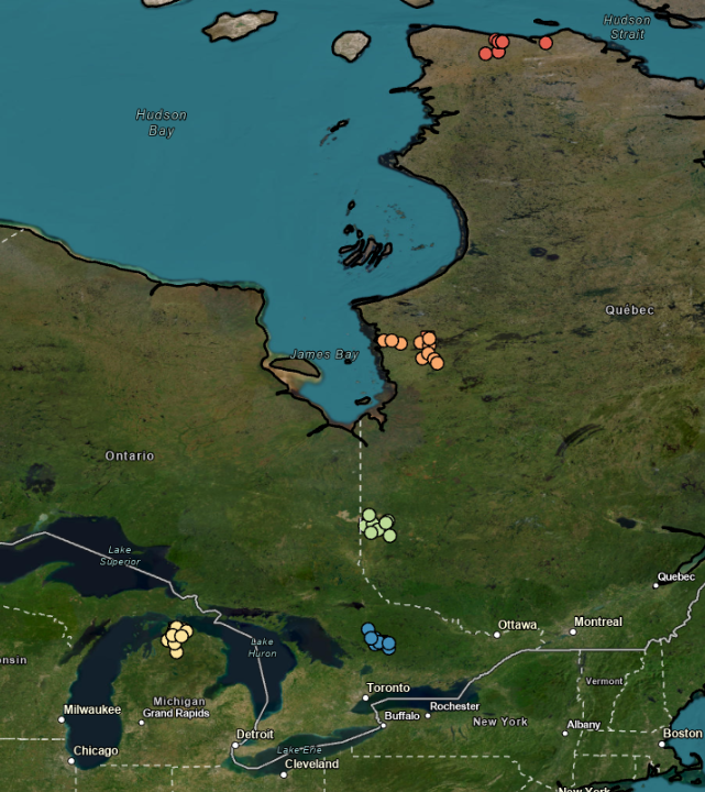 Image of a map, showing sampling locations in Salluit, Quebec, Radisson, Quebec, Lake Duparquet, Quebec, Dorset, Ontario, and Michigan.